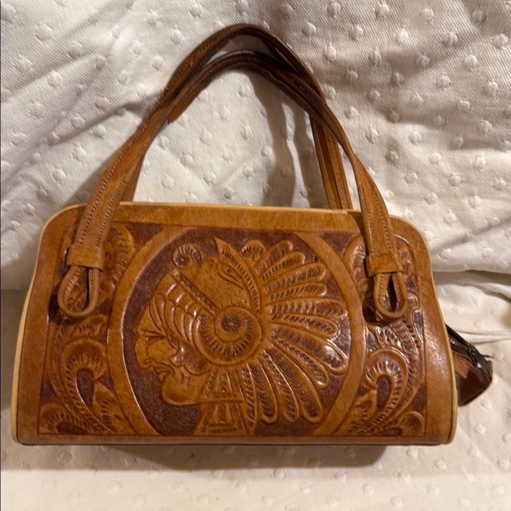 Brown Leather Handbag with Embossed Design